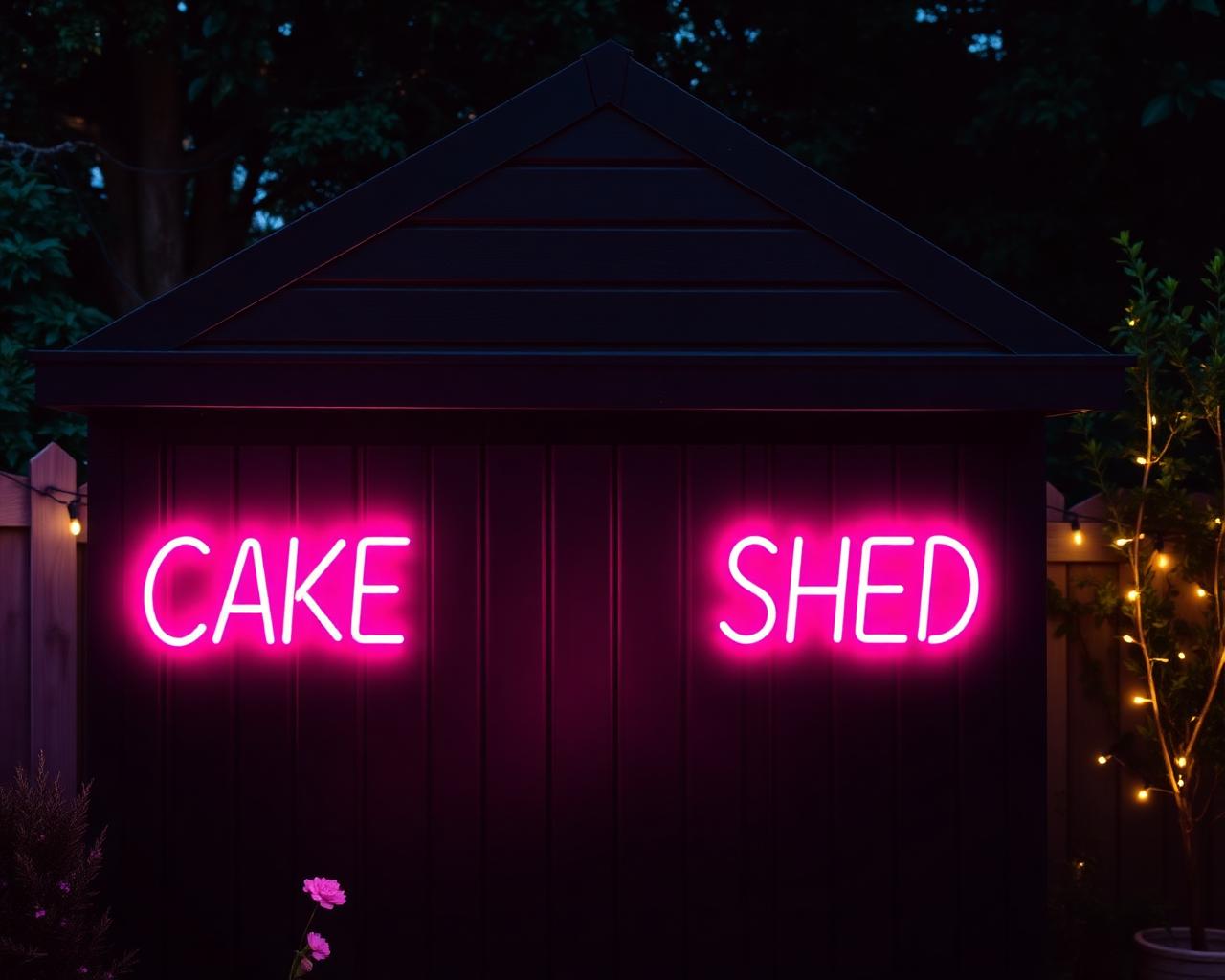 STACKED Cake Shed at night